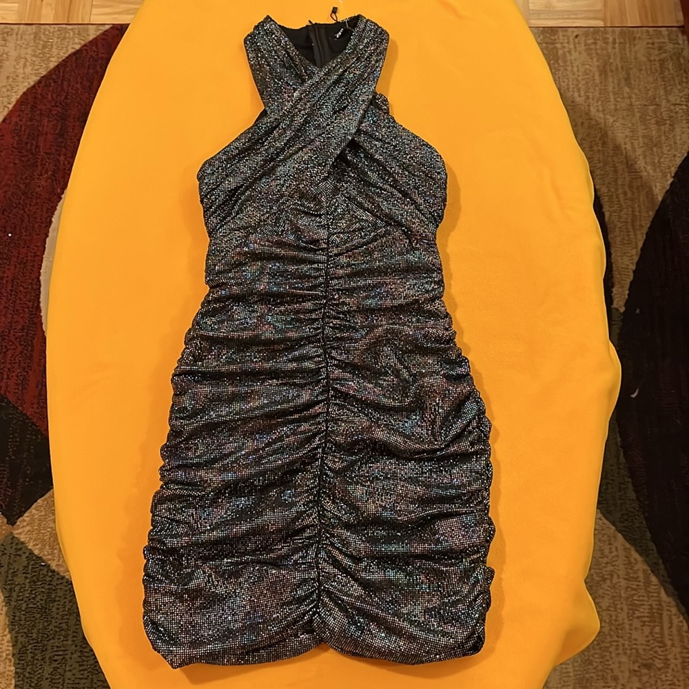 NWOT Zara drapped crossover neck sparkling multicoloured mini dress. Size XS. - Picture 9 of 13